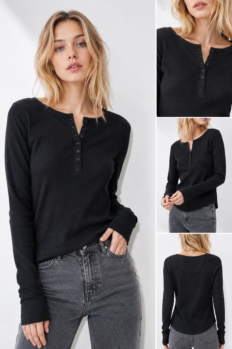 GAP Octavia Black Waffle Knit Henley Long Sleeve Top | Crew Neck | XS